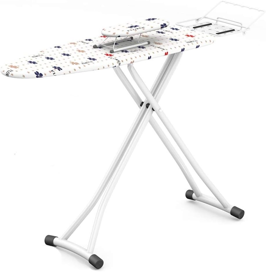 Cette table de repassage dont la hauteur se regle en coloris gris et blanc