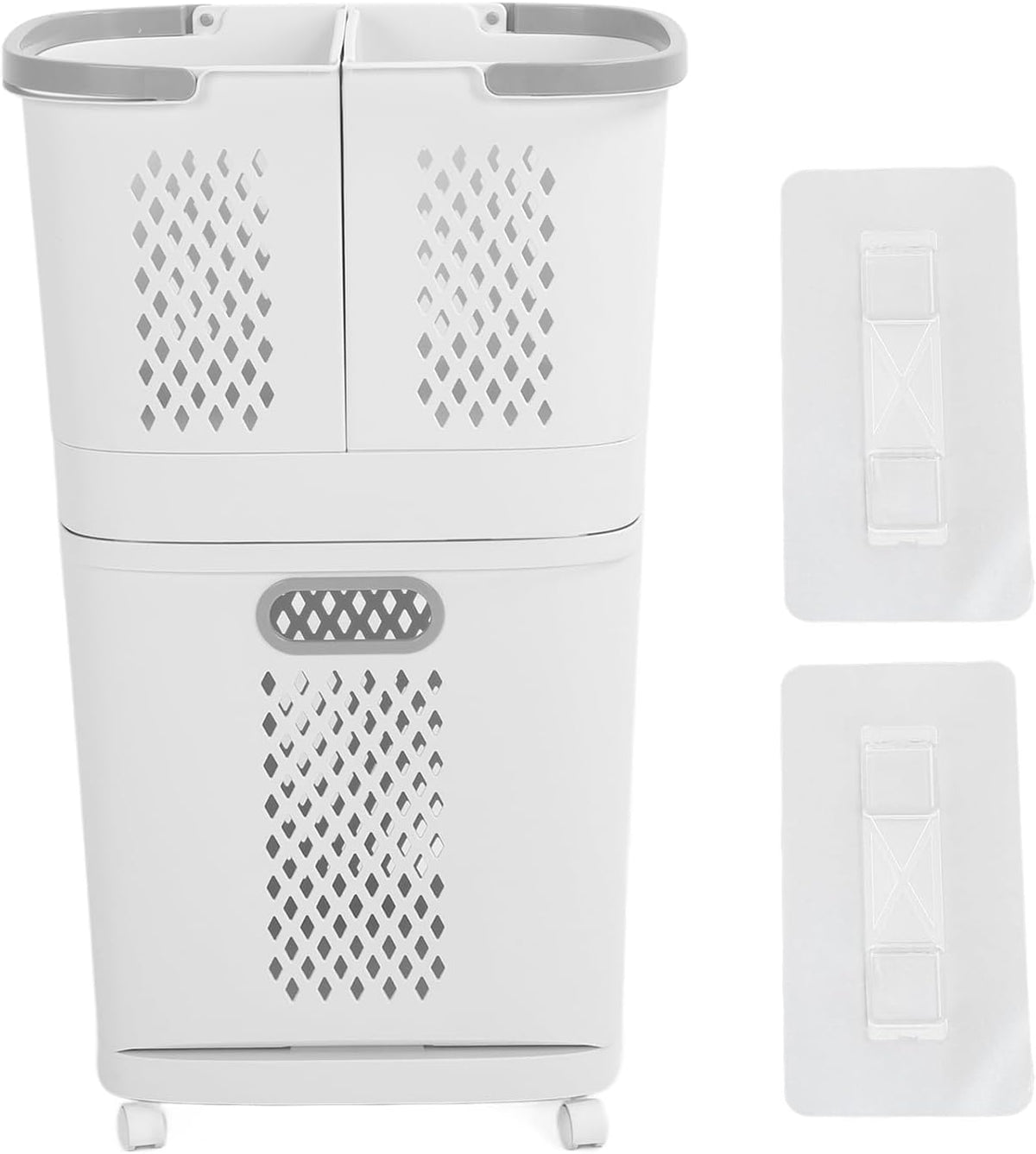 Ce trieur a linge combine une poignee de prise en main avec des elements en plastique