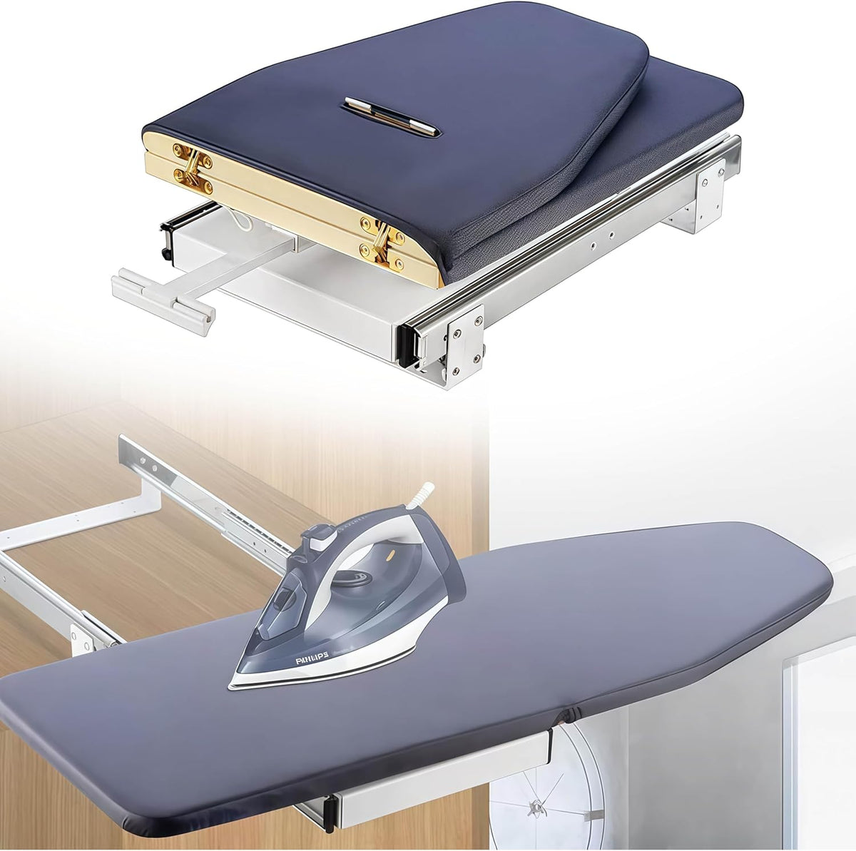 Decouvrez l'armoire de soin du linge au format peu encombrant en coloris bleu et gris